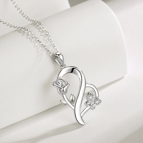 925 Sterling Zilveren Hart Hanger Halsketting Roos Bloem Vlinder Strass Ingelegd Verstelbare Ketting Dames Mode Sieraden