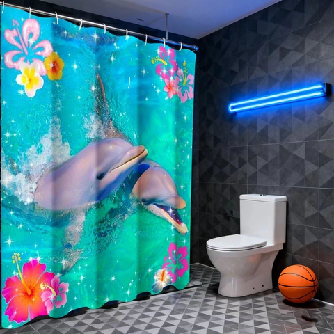 Duschvorhang Wasserdichtes Polyester Marine Delfin Hibiskus Druck Badezimmer Dekor Mit Haken