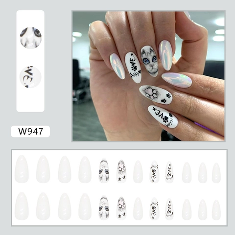 Almond Press On Nails Largo Patrón De Gato Pintado A Mano Acabado Perla Artificial Aurora Uñas Postizas Lindas Y De Moda Para Mujer Halloween