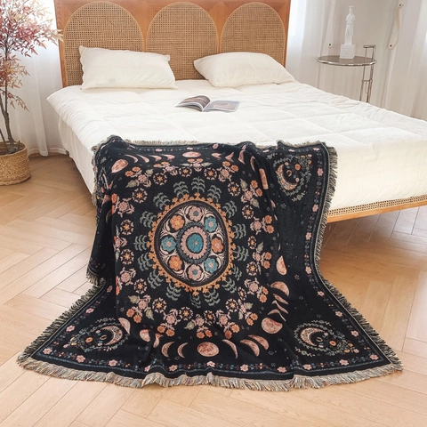Bohemian Woven Throw Blanket Cotton Moon Phase Mandala Tassels Multifunctional Sofa Cover Picnic Mat Decorative Wall Tapestry Vintage