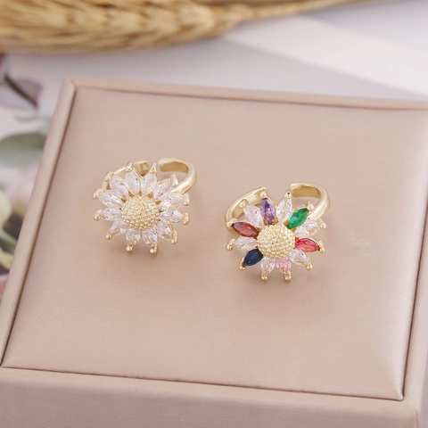 Anello Girasole Placcato Oro Rame Zircone Marquise Moda Floreale Regolabile Aperto Gioielli Donna