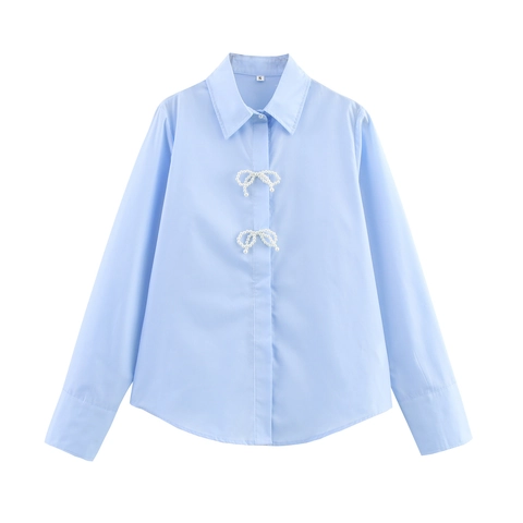 Dames Blouse Met Lange Mouwen Hemelsblauw Polyester Popeline Losse Pasvorm Omvouwbare Kraag Kunstparel Strik Decoratie Elegant Bovenstuk