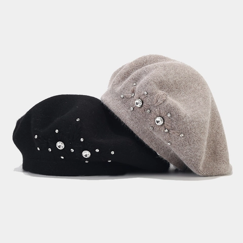 Elegant Women Rabbit Fur Beret Hat With Rhinestone Flower Embroidery Vintage Autumn Winter Warm Painter Cap Newsboy