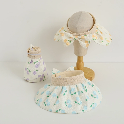 Cappello Visiera Ragazze Parte Superiore Vuota Pizzo Fiocco Farfalla Stampa Ciliegia Floreale Protezione UV Tesa Larga