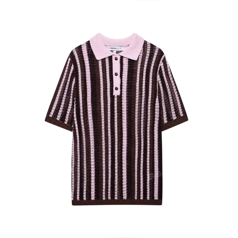 Gestreiftes Strick Polo Hemd Und Shorts Kurzarm Vertikale Streifen Hohl Casual Streetwear Kleidung Für Frauen
