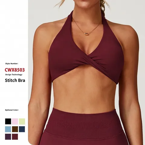 Damen Halterneck Sport BH Twist Front Yoga Top Rückenfrei Cloud Feel Atmungsaktiv Gepolstert Activewear Fitness Fitnessstudio