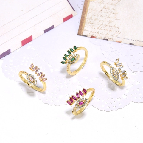 Adjustable Open Ring Copper Cubic Zirconia Eye Shape Double Layer Baguette Zircon Fashion Jewelry For Women