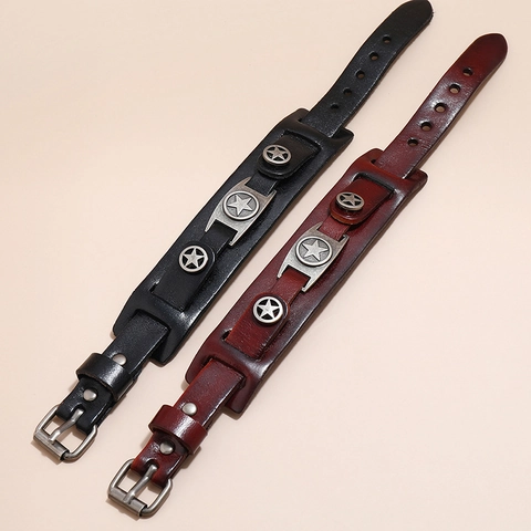 Punk Rindsleder Armband Mit Legierung Pentagramm Sterne Retro Verstellbares Armband Für Herren Vintage Stil