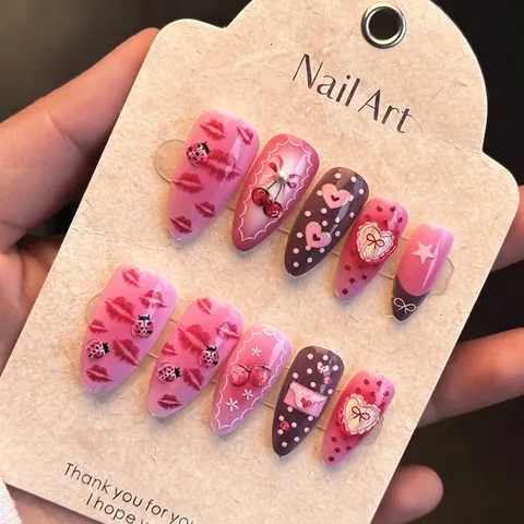 Amandel Opdruk Nagels Hars Roze Paars Rood Lip Lieveheersbeestje Kers Hart Ontwerp Zoet Stoer Kunstnagels Voor Vrouwen