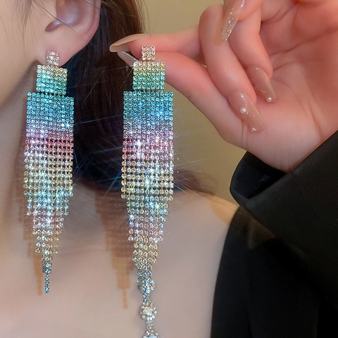 Rhinestone Gradient Long Tassel Earrings With Silver Earring Post Square Geometric Statement Fashion Jewelry For Women