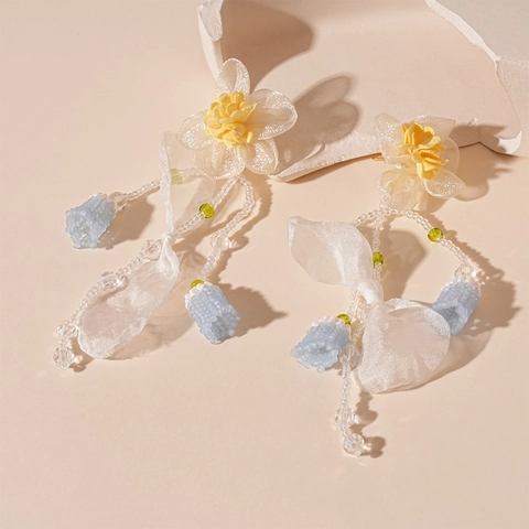 Pendientes Largos De Flores Gasa Tela Cuentas De Vidrio Con Poste De Plata Estilo Dulce De Vacaciones Para Mujer