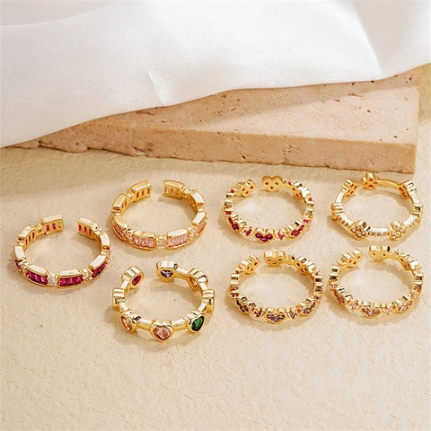 Anelli In Rame Placcato Oro Con Zircone Da Donna Design Aperto Regolabile Cuore Geometrico Trifoglio Gioielli