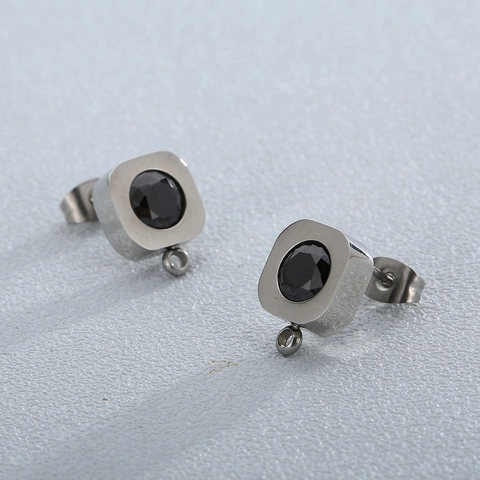 Stainless Steel Square Post Earrings Findings With Black Crystal And Loop For DIY Jewelry Making Geometric Jewelry