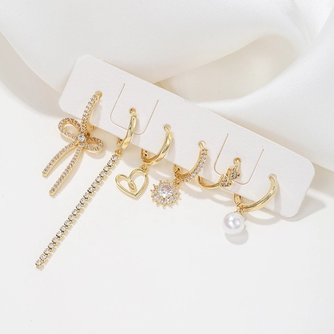 Copper Zircon Faux Artificial Pearl Earrings And Ear Cuff Asymmetric Heart Bow Tassel Collection For Women Elegant Fashion Jewelry