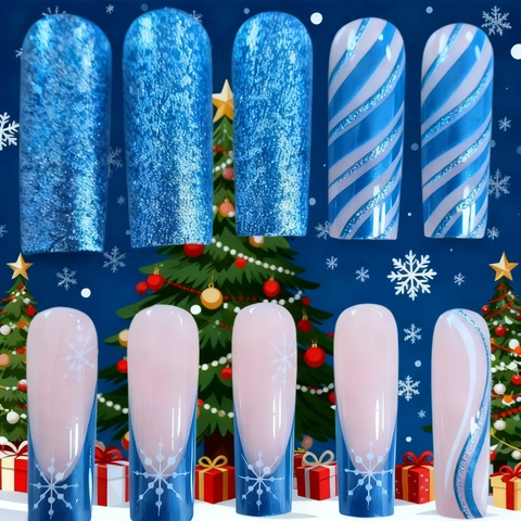 Weihnachten Aufdrücknägel Lange Sargform Künstliche Nägel Französische Spitzen Blaue Schneeflocken Glitzer Streifen Winter Maniküre