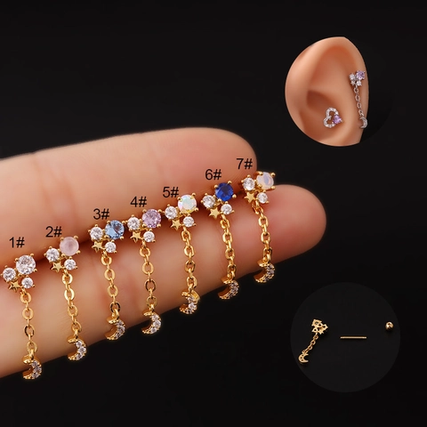 Piercing De Cartílago Oreja Acero Inoxidable Pendiente Colgante Luna Cadena Circonita Colorida Estrella Para Mujer