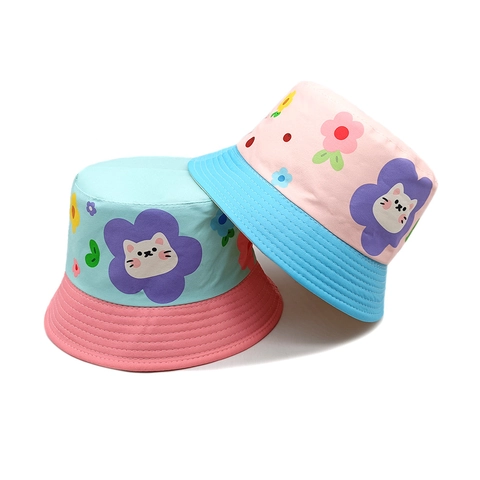 Sombrero De Pescador Para Niños Poliéster Protección Solar Patrón Dibujos Animados Gato Flor Bloque Color Para Niños Niñas