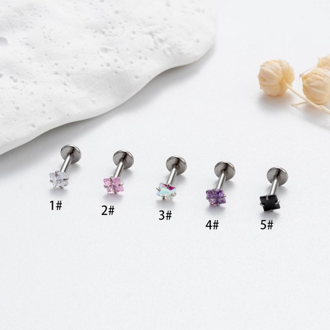 Edelstahl Kupfer Quadratischer Zirkon Labret Stecker Innengewinde Flache Rückseite Ohrknorpel Piercing Schmuck Bunt Funkelnd