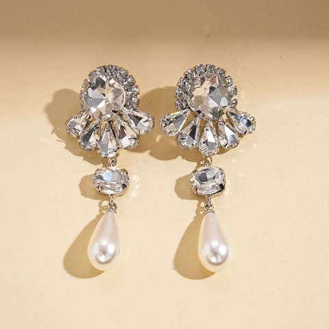 Baroque Flower Rhinestone Imitation Artificial Pearl Teardrop Dangle Earrings With 925 Sterling Silver Earring Post Retro For Women