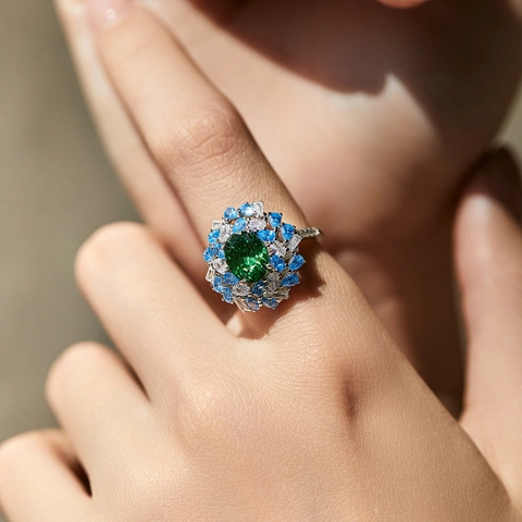 Vintage 925 Sterling Silver Emerald Green Zirconia Ring Luxury Oval Square Cluster Flower Statement Ring For Women Jewelry