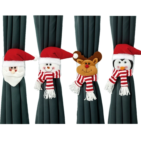 Christmas Curtain Buckle 3D Cartoon Santa Snowman Reindeer Penguin Doll Soft Fabric Festive Home Window Decoration Holiday Ornament