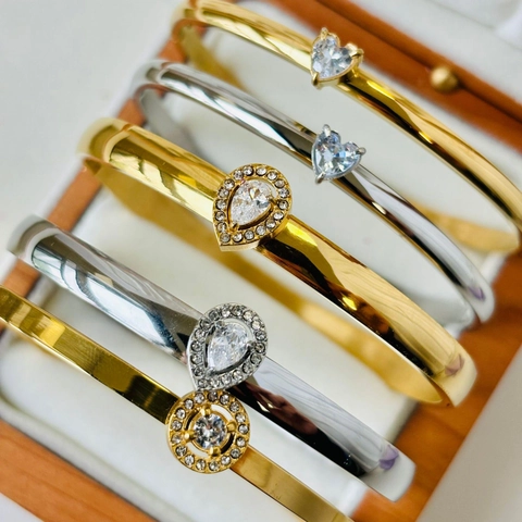 Stainless Steel Water Drop Heart Round Zirconia Bangle For Women Gold Silver Plated Ins Style Trendy Waterproof Jewelry