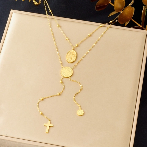 Collana Croce Multi Strato Acciaio Inossidabile Placcato Oro Forma Y Catena Clavicola Vintage Ciondolo Moneta Ritratto Donna