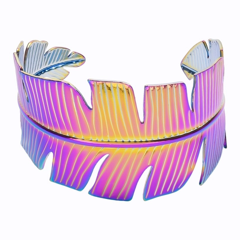Breit Palmblatt Offene Manschette Armreif Edelstahl 18K Vergoldet Verstellbar Tropisch Feder Design Boho Schmuck