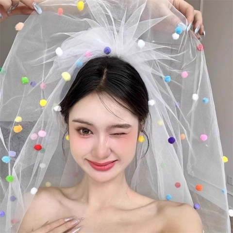 Fermaglio Per Capelli Velo In Rete Bianca Con Pompon Colorati Accessorio Per Capelli Per Ragazze Compleanno Festa Matrimonio