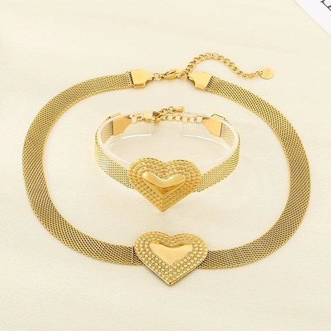 Mode Edelstahl Herz Anhänger Halskette Und Maschenkette Armband Europäischer Stil Schmuck Für Frauen Elegant Trendig
