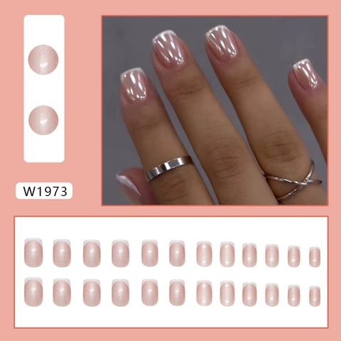 French Style Press On Nails Pearlescent Light Pink White Short Square Elegant Fashion Artificial Fingernails For Women With Glue