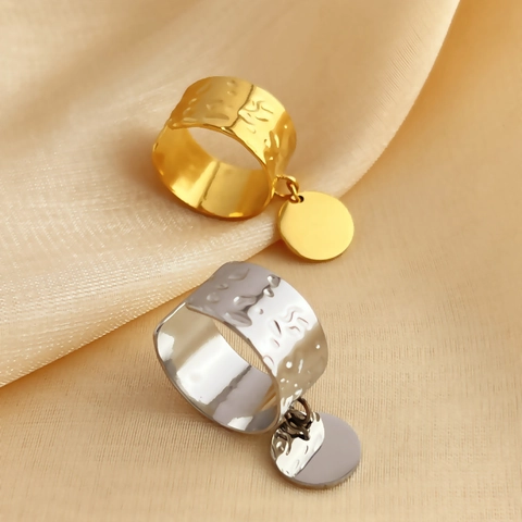 Anello Aperto In Acciaio Inossidabile Martellato Con Ciondolo Tondo Fascia Larga Regolabile Gioielli Minimalisti