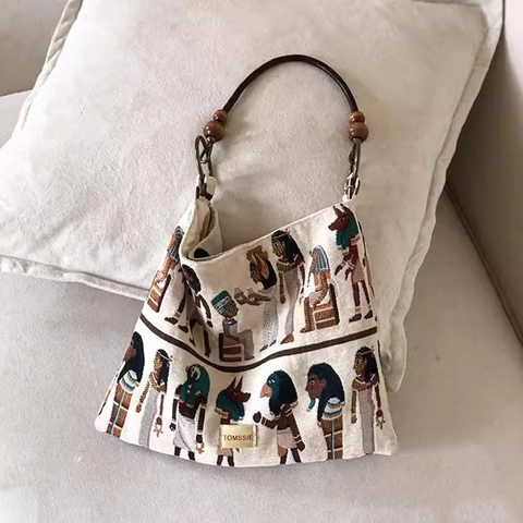 Sac Fourre-Tout En Toile Jacquard Pharaon Egyptien Vintage Avec Perles En Bois Sac A Main Epaule Retro Pour Femmes