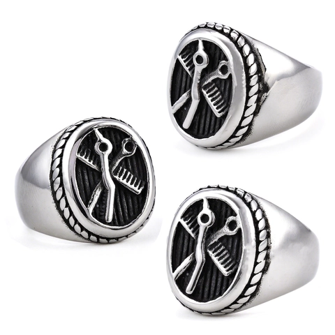 Vintage Barber Signet Ring Stainless Steel Retro Scissors Comb Design Punk Style Professional Jewelry For Men
