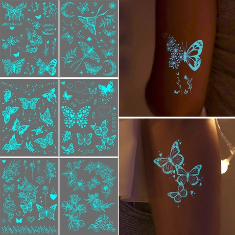 Leuchtende Temporäre Tattoos Wasserdicht Mandala Henna Schmetterling Blume Spitze Weiß Blau Leuchtend Schönheit