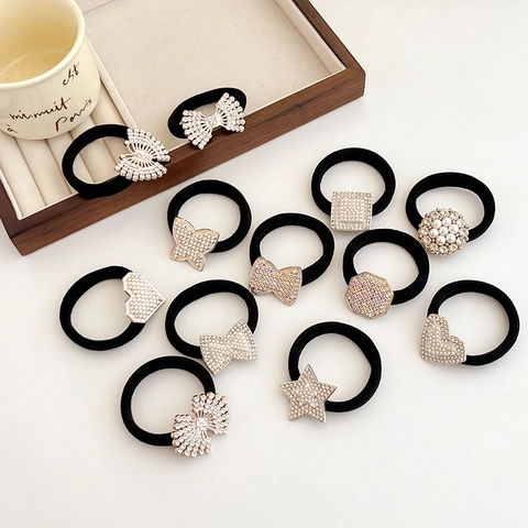 Rhinestone Faux Artificial Pearl Elastic Hair Ties High Stretch Ponytail Holders Heart Butterfly Star Geometric Accessories Girls