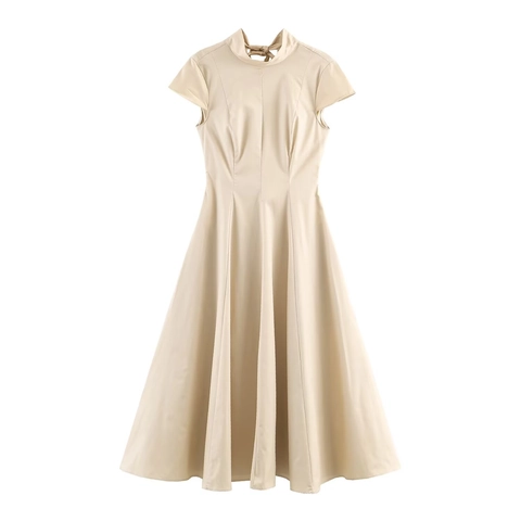 Vestido Midi Elegante Con Cuello Alto Y Manga Corta Con Lazo En La Espalda Color Sólido Cintura Alta Línea A Poliéster Para Mujer