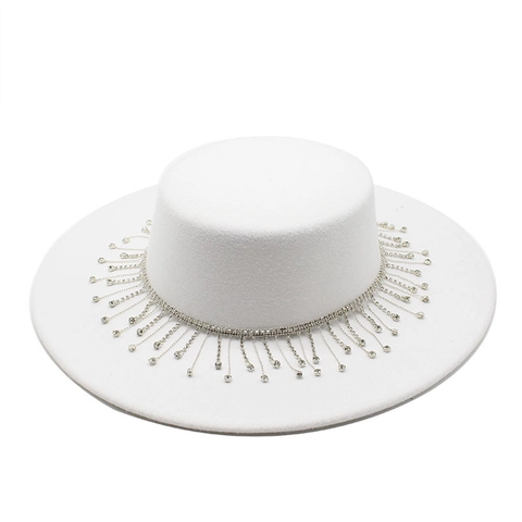 Wide Brim Wool Felt Fedora Hat With Rhinestone Tassel Fringe Retro Elegant Boater Hat For Women Party