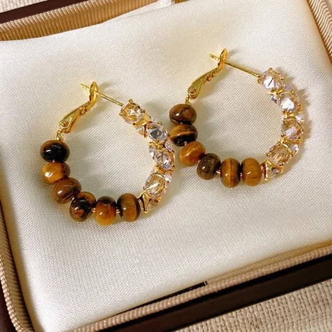 Vintage Hoop Earrings With Tiger Eye Stone Zircon Copper And Silver Earring Post Retro Style For Women