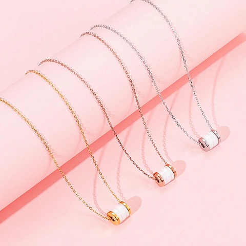 Collar Con Colgante Cilíndrico De Moda Para Mujer Acero Inoxidable Y Cerámica Blanca Accesorio De Joyería Elegante