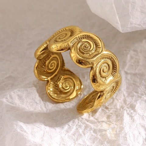 Vintage Spiral Vortex Open Ring Stainless Steel 18K Gold Plated Conch Texture Adjustable Fashion Jewelry