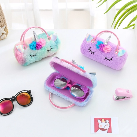 Cute Cartoon Unicorn Plush Glasses Case Portable Kids Handbag Soft Animal Eyewear Storage Bag With 3D Horn Flowers For Girls