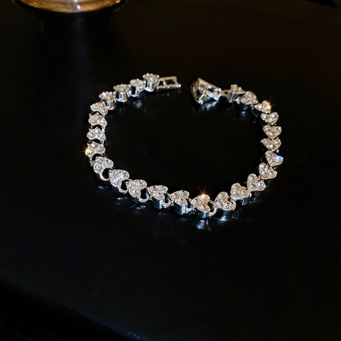 Bracelet À Maillons Coeur Élégant En Cuivre Avec Pavé De Zircon Luxe Ajustable Couleur Argent Cadeau Pour Femmes