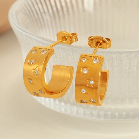 Vintage Minimalistische Roestvrijstalen 18K Vergulde C-vormige Geometrische Oorknopjes Voor Dames Ster Strass Sieraden