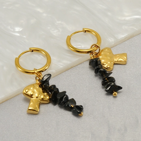 Paddenstoel Hoop Oorbellen Roestvrij Staal 18K Verguld Natuurlijke Zwarte Steen Chips Geometrische Elegante Sieraden