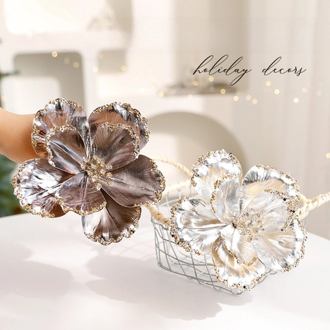 Artificial Christmas Flowers Metallic PVC Leather Glitter Edges Xmas Tree Ornaments Holiday Home Decor Elegant