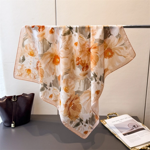 Blumendruck Satinnsatin Quadratischer Schal Elegante Damen Kopftuch Mode Haar Bandana Vielseitiges Halstuch