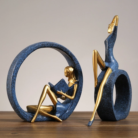 Statuetta Astratta Ragazza Che Legge E Dea Dello Yoga Resina Nordica Moderna Decorazione Casa Scultura Scaffale Mobile TV Oro Blu