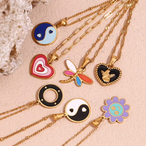 18K Vergulde Roestvrijstalen Emaille Hanger Ketting Engel Hart Libel Yin Yang Zonnebloem Sieraden Voor Vrouwen Cadeau