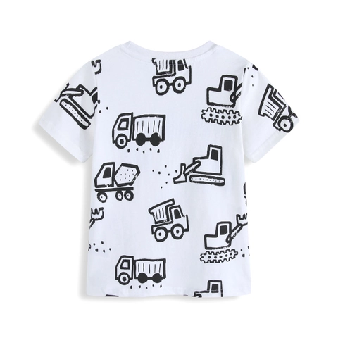 Boys Summer Short Sleeve T-Shirt 100% Cotton Breathable Cartoon Excavator Truck Print Crew Neck White Casual Kids Top